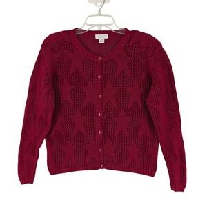 M Christopher Banks Womens Burgundy Open Knit Star Cardigan Sweater Holiday